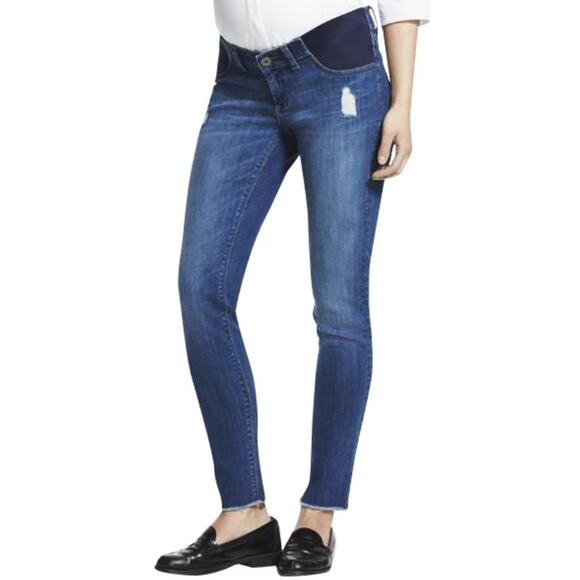 DL1961 Emma Unfinished Ankle Skinny Maternity Jeans Size 27 Blue Distressed - Picture 1 of 10